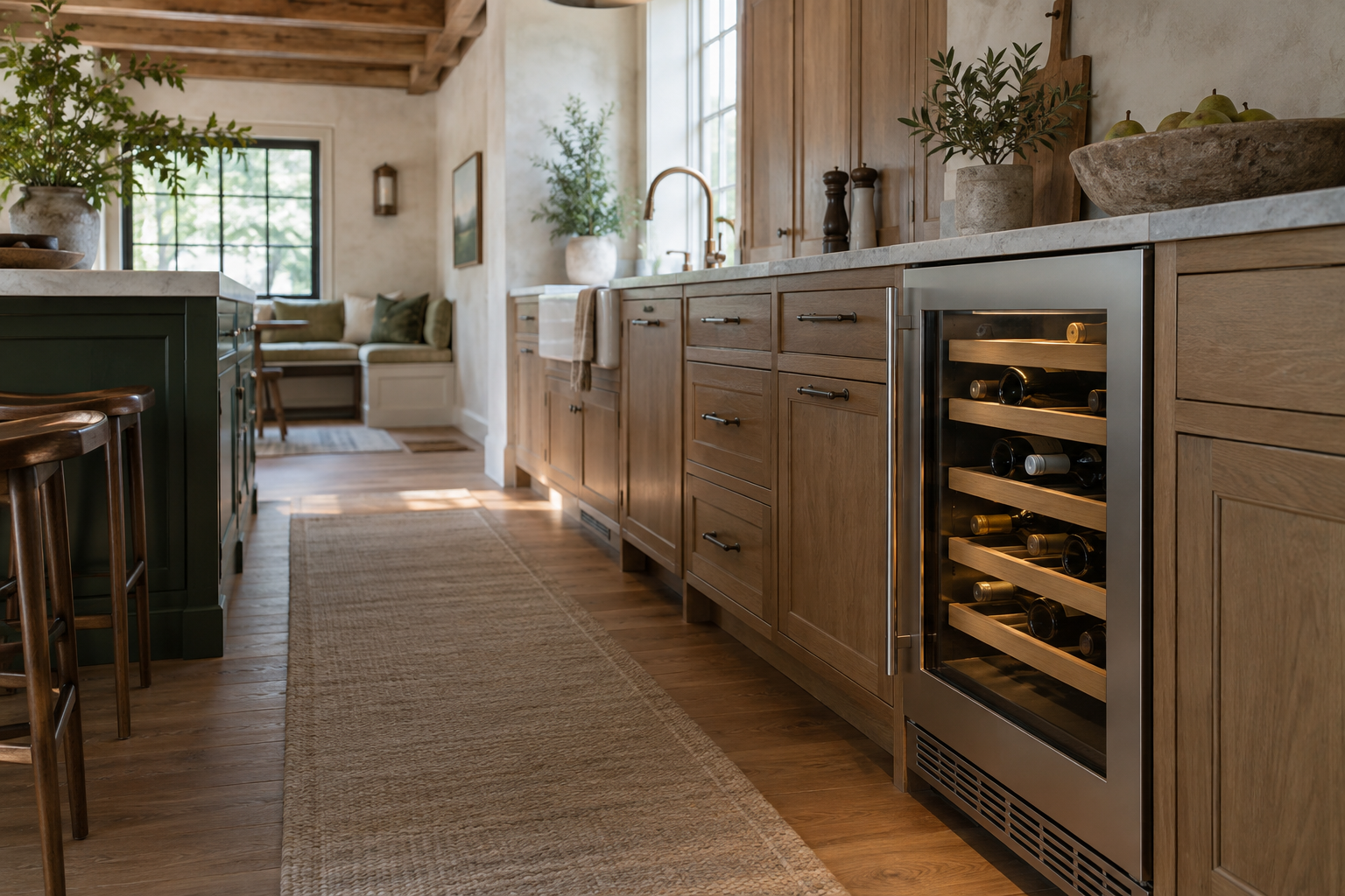 Illustrative Sub-Zero wine cooler in a residential kitchen — AI image for Sub-Zero Repair Lewisboro