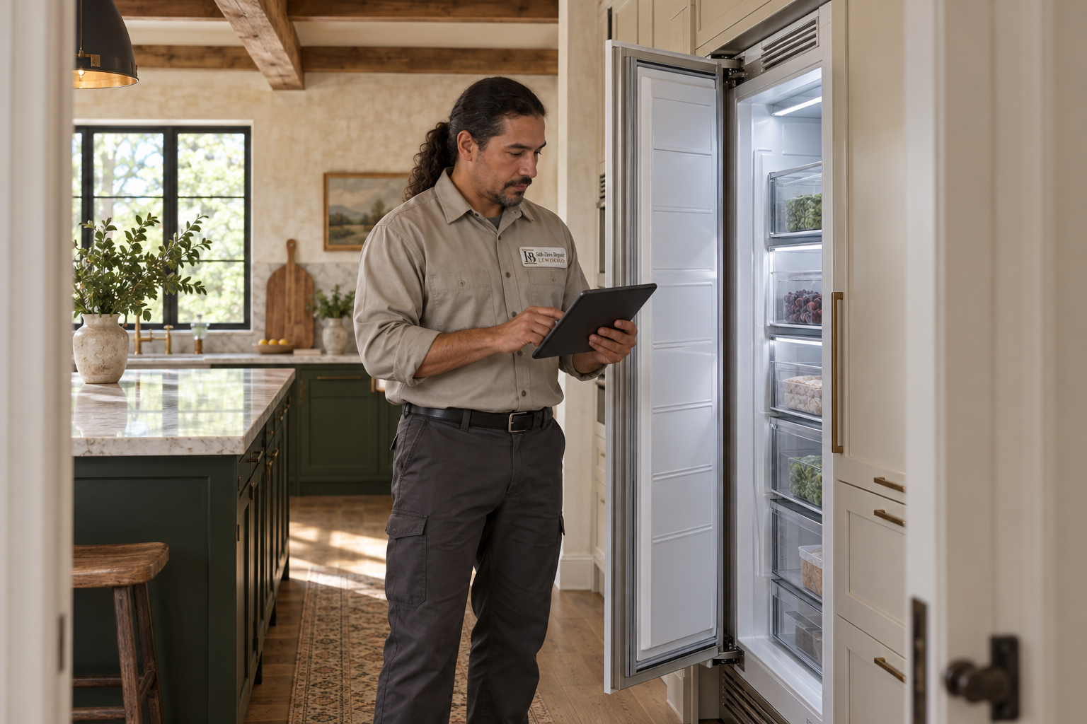 Fictional technician beside a Sub-Zero freezer — AI illustration for Sub-Zero Repair Lewisboro