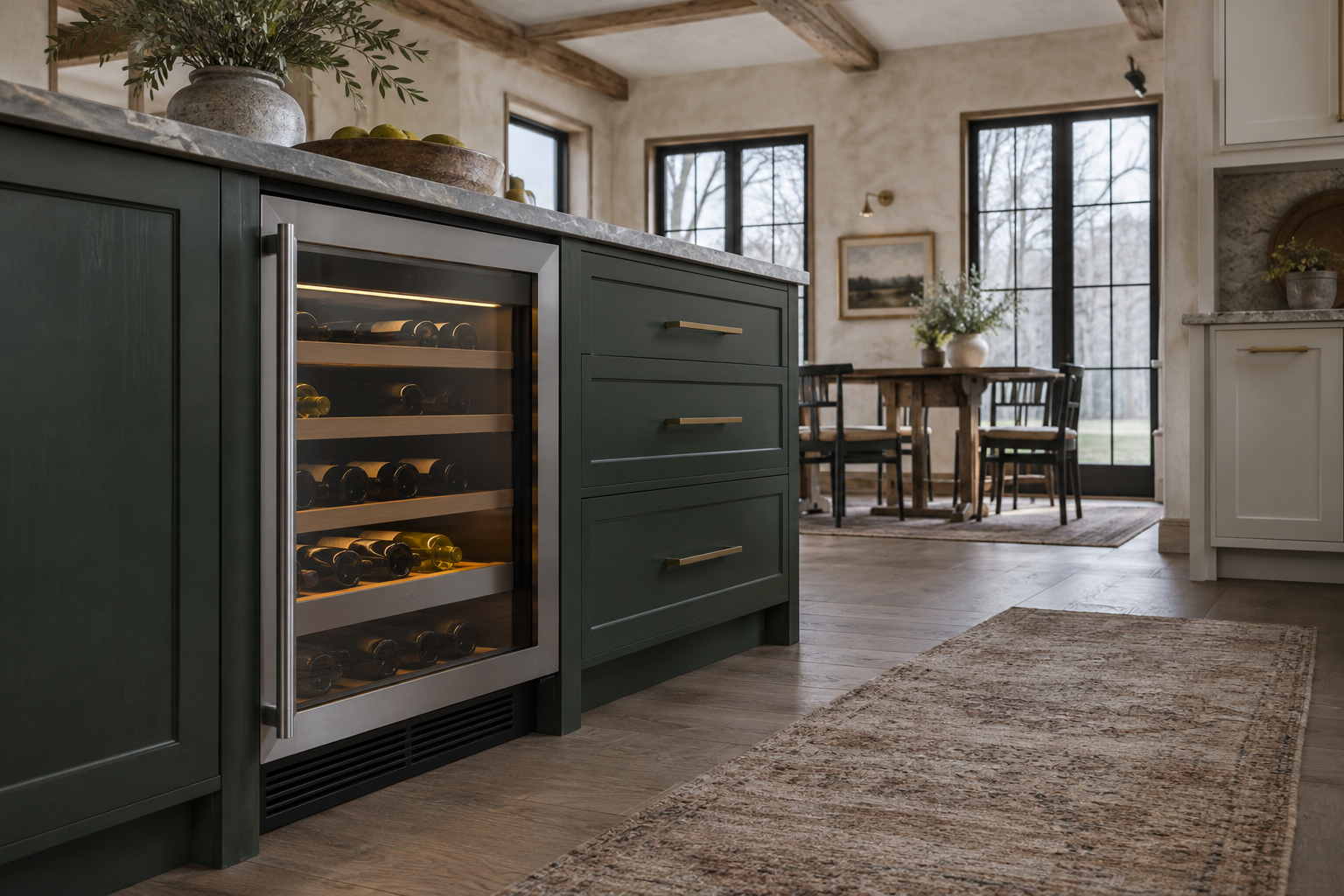Illustrative Sub-Zero wine cooler in a residential kitchen — AI image for Sub-Zero Repair Lewisboro