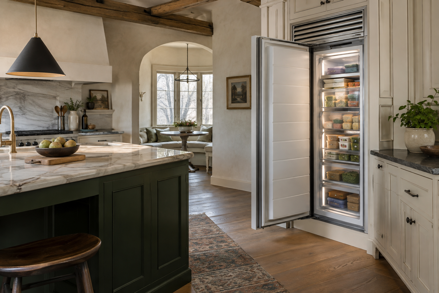 Illustrative Sub-Zero freezer in a residential kitchen — AI image for Sub-Zero Repair Lewisboro
