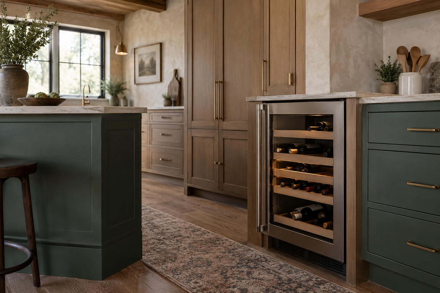 Illustrative Sub-Zero wine cooler in a residential kitchen — AI image for Sub-Zero Repair Lewisboro
