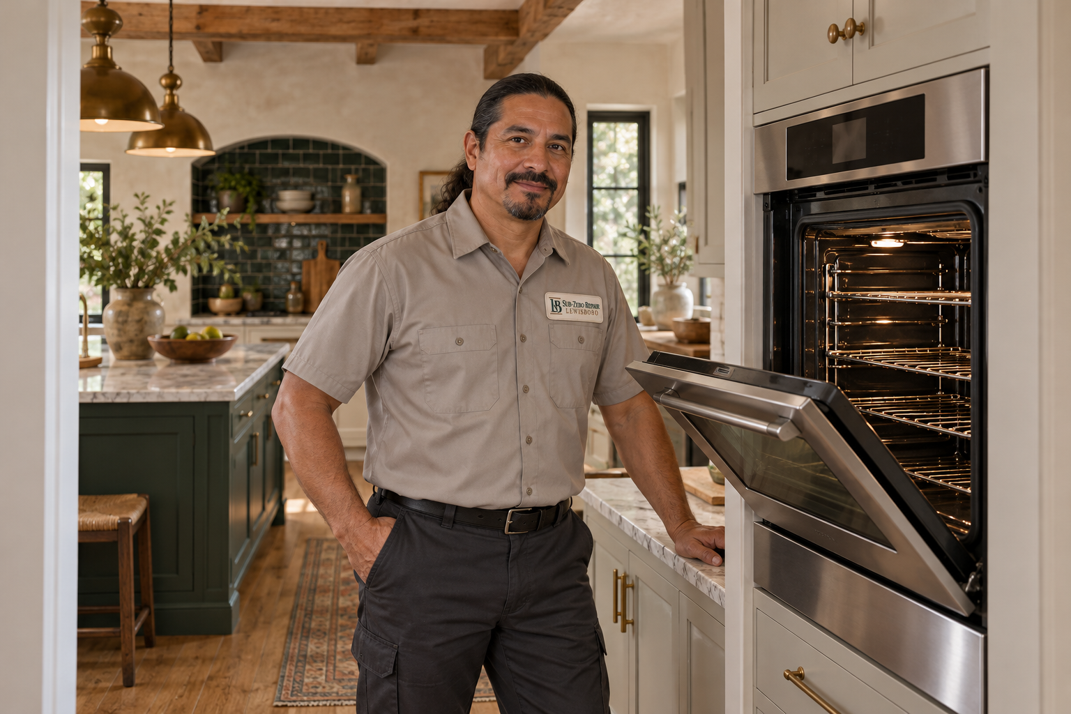 Fictional technician beside a Thermador oven — AI illustration for Sub-Zero Repair Lewisboro