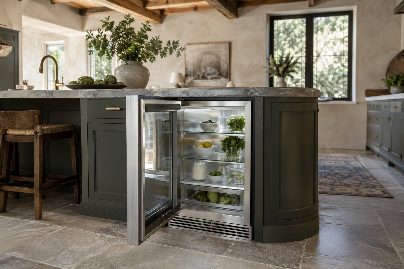 Illustrative Sub-Zero undercounter refrigerator in a residential kitchen — AI image for Sub-Zero Repair Lewisboro