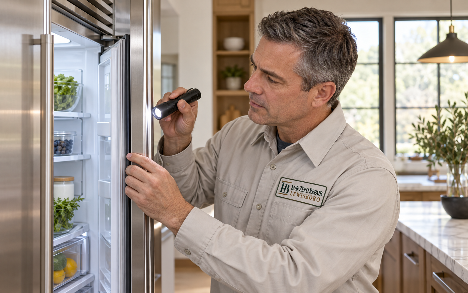 Illustrative technician with the Sub-Zero Repair Lewisboro uniform logo